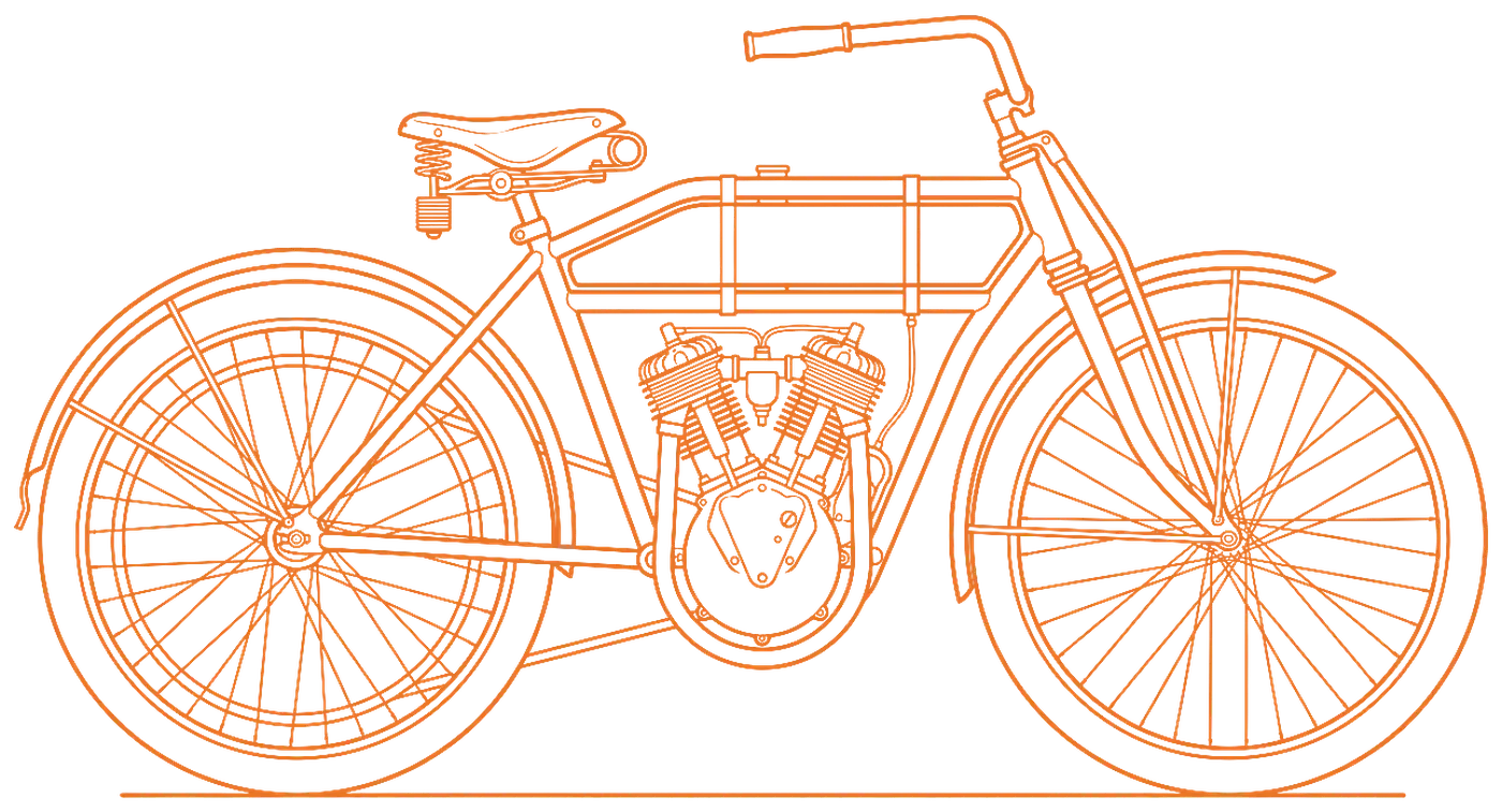 Line drawing of a 1915 Harley-Davidson Model 11F: bicycle-style frame, springer fork, small V-twin engine, sprung leather saddle, spoked wheels