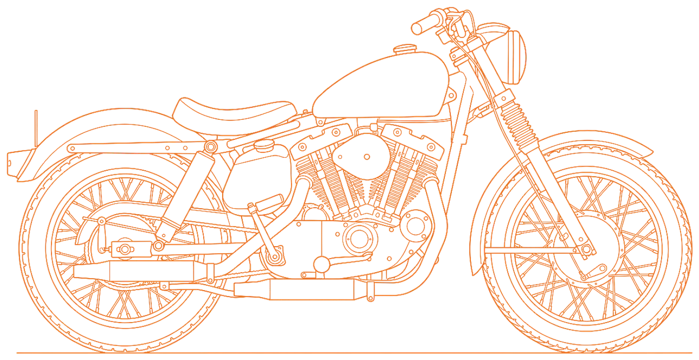 Line drawing of a 1957 Harley-Davidson Sportster XL: small peanut tank, OHV V-twin, telescopic fork, twin rear shocks, spoked wheels