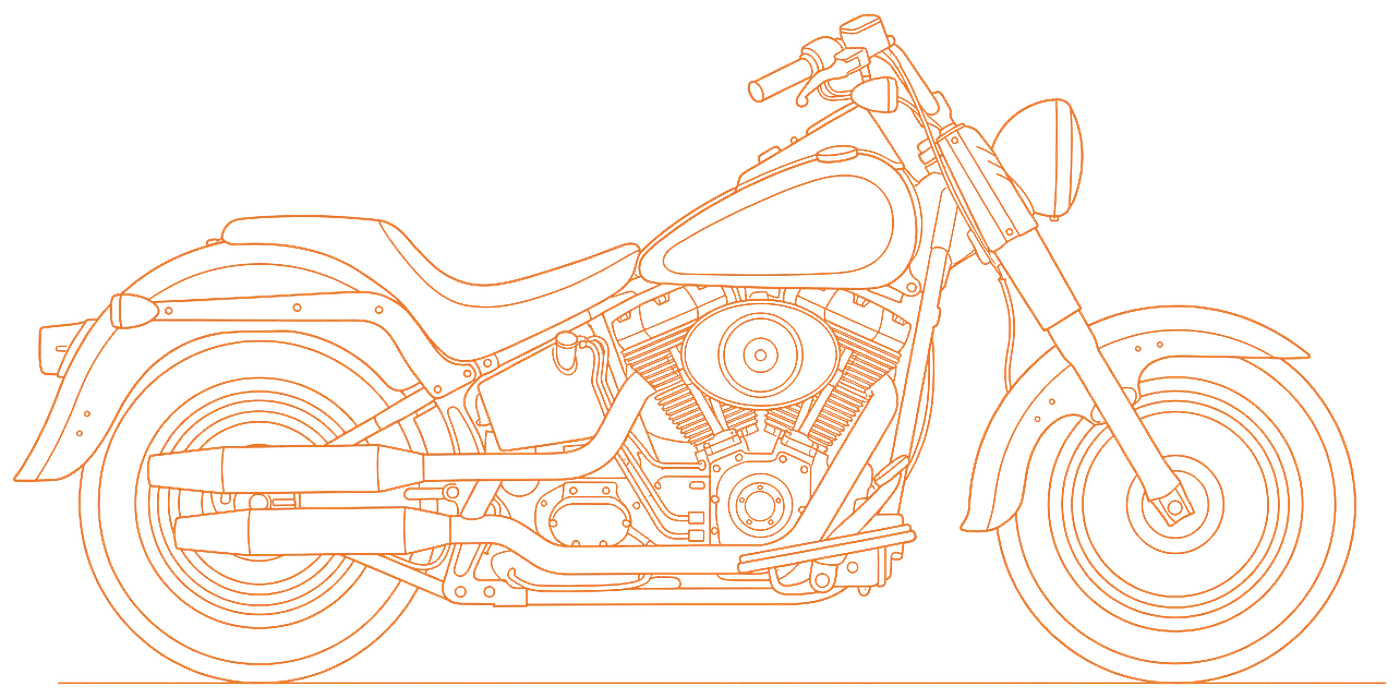 Line drawing of a 1990 Harley-Davidson Fat Boy: solid disc wheels, fat tyres, deep fenders, softail frame
