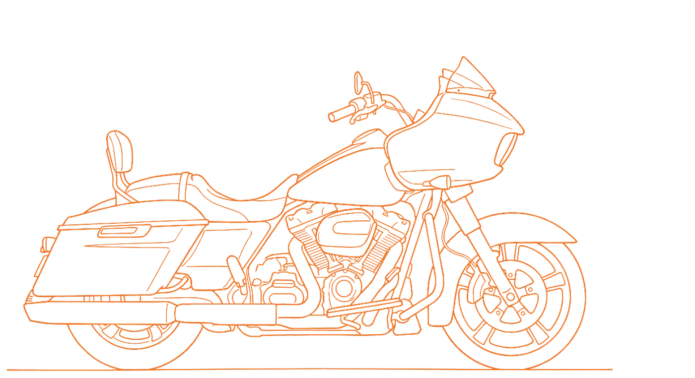 Line drawing of a present-day touring motorcycle: front fairing with windshield, hard saddlebags, cast wheels, big V-twin