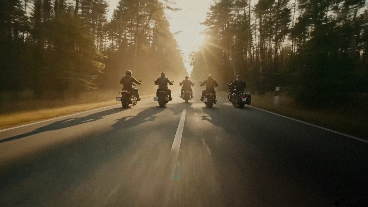 A group of motorcycles on a country road against the light